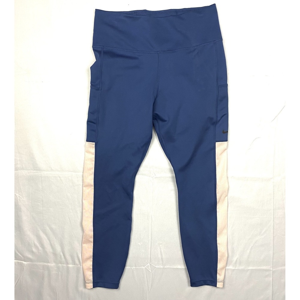 Nike Go Dri-FIT Women M Blue High Rise Firm Support 7/8 Leggings Mesh Pockets